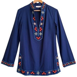 TORY BURCH Cotton Preppy Colorful Lightweight Embellished Long Sleeve Top Sz 4